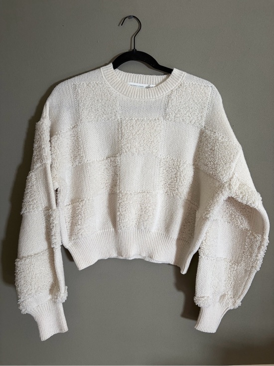 Altar'd State Sweaters - Altar’d State Cream Textured Checkerboard Sweater Cropped Balloon Sleeve Cozy